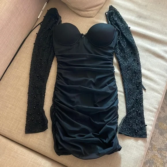 ariana grande black dress oscars LONG SLEEVE EMBELLISHED MINI DRESS IN BLACK – sis label